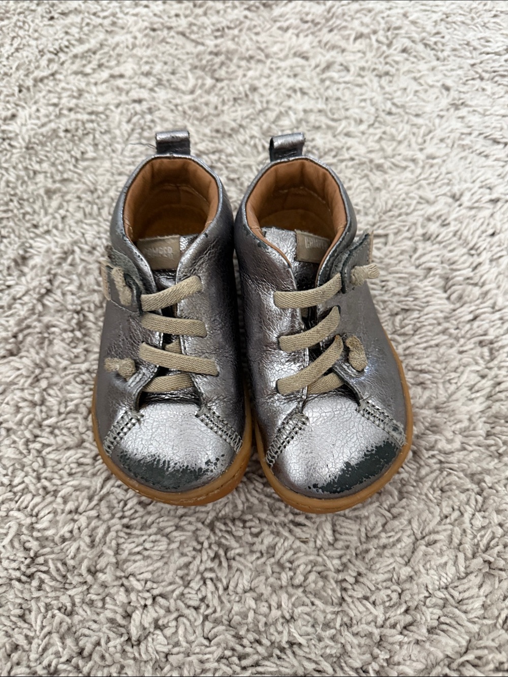 Camper Metallic Silver Leather Lace-Up Baby Shoes with Tan Soles